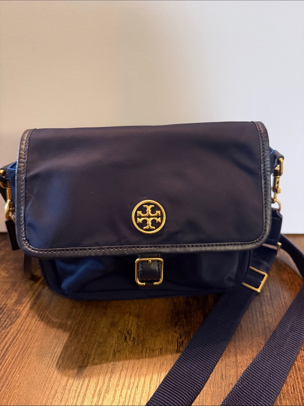 Tory Burch Navy Nylon Messenger Bag with Gold Logo